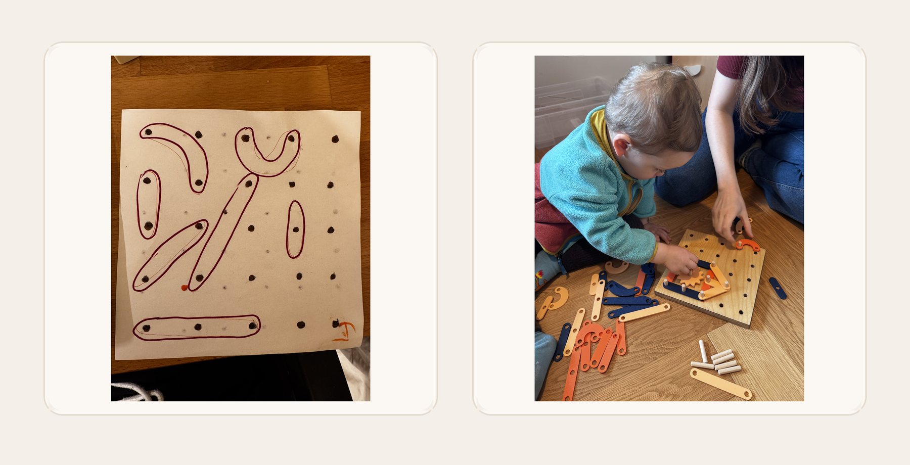 A colorful 3D-printed pegboard toy beside its sketch